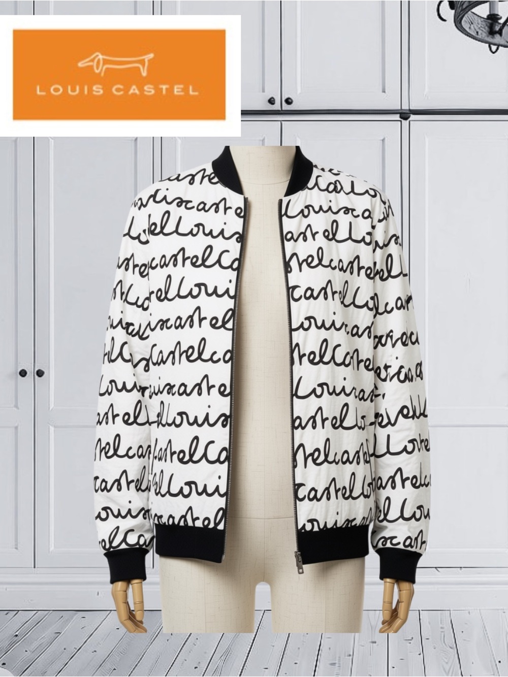 Louis Castel White & Black All Over Script Print Full Zip Jacket Size 105